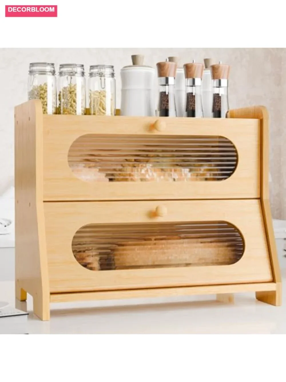 Extra Large 2-Tier Bamboo Bread Box with Magnetic Acrylic Door